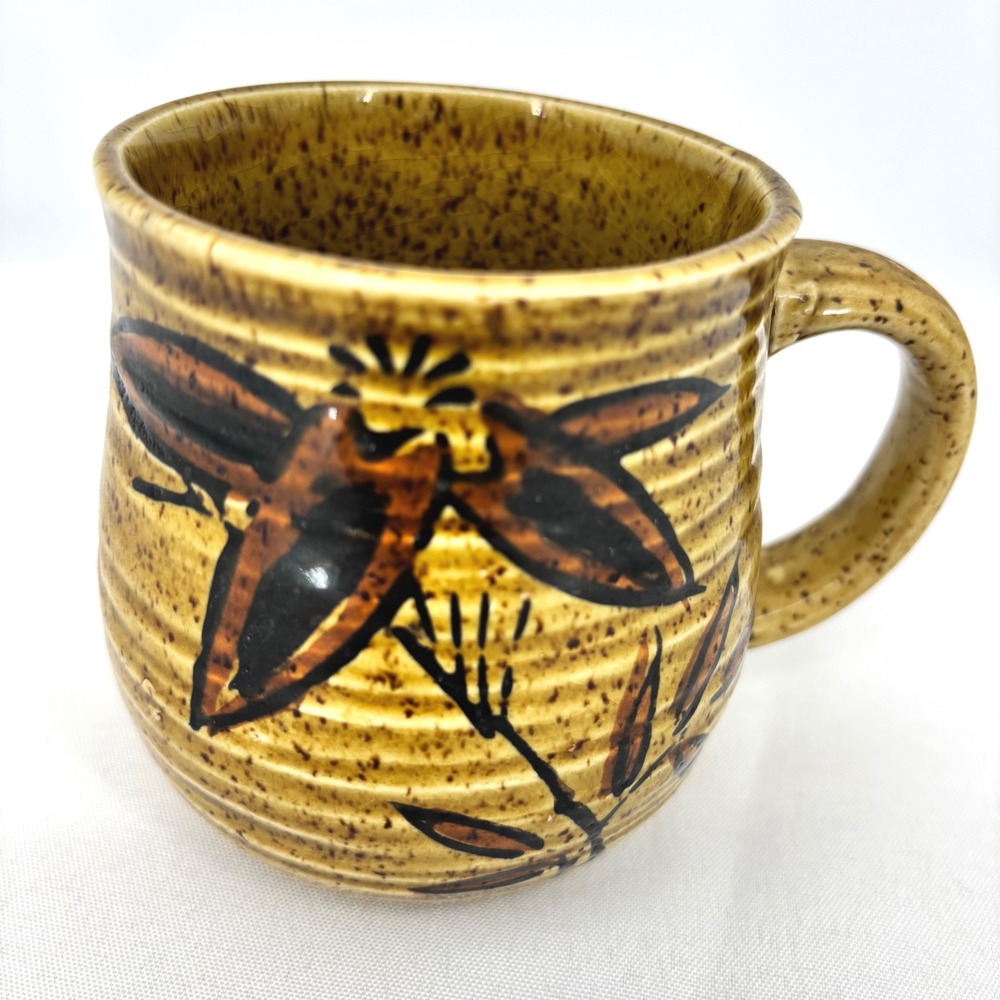 Vintage Speckled Stoneware Coffee Mug Mustard Yellow Floral Butterfly Japan